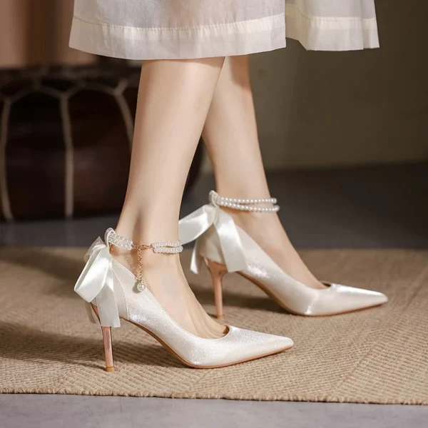 Satin Pearl Chain Bridal Heels