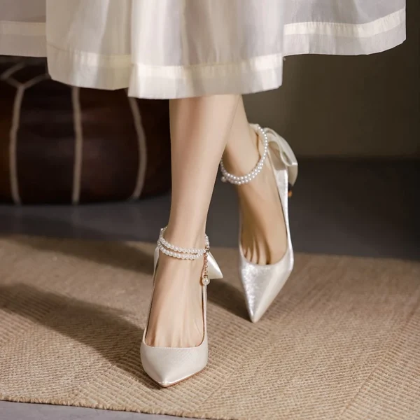 Satin Pearl Chain Bridal Heels